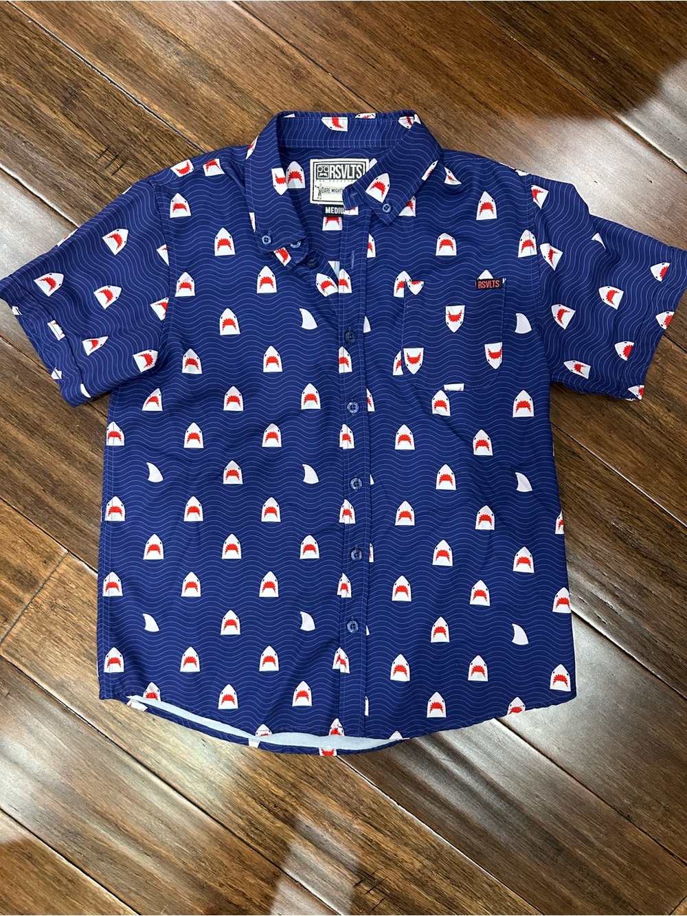 RSVLTS Kids Jaws Shark Print KUNUFLEX Button-Up Shirt Size Medium Blue